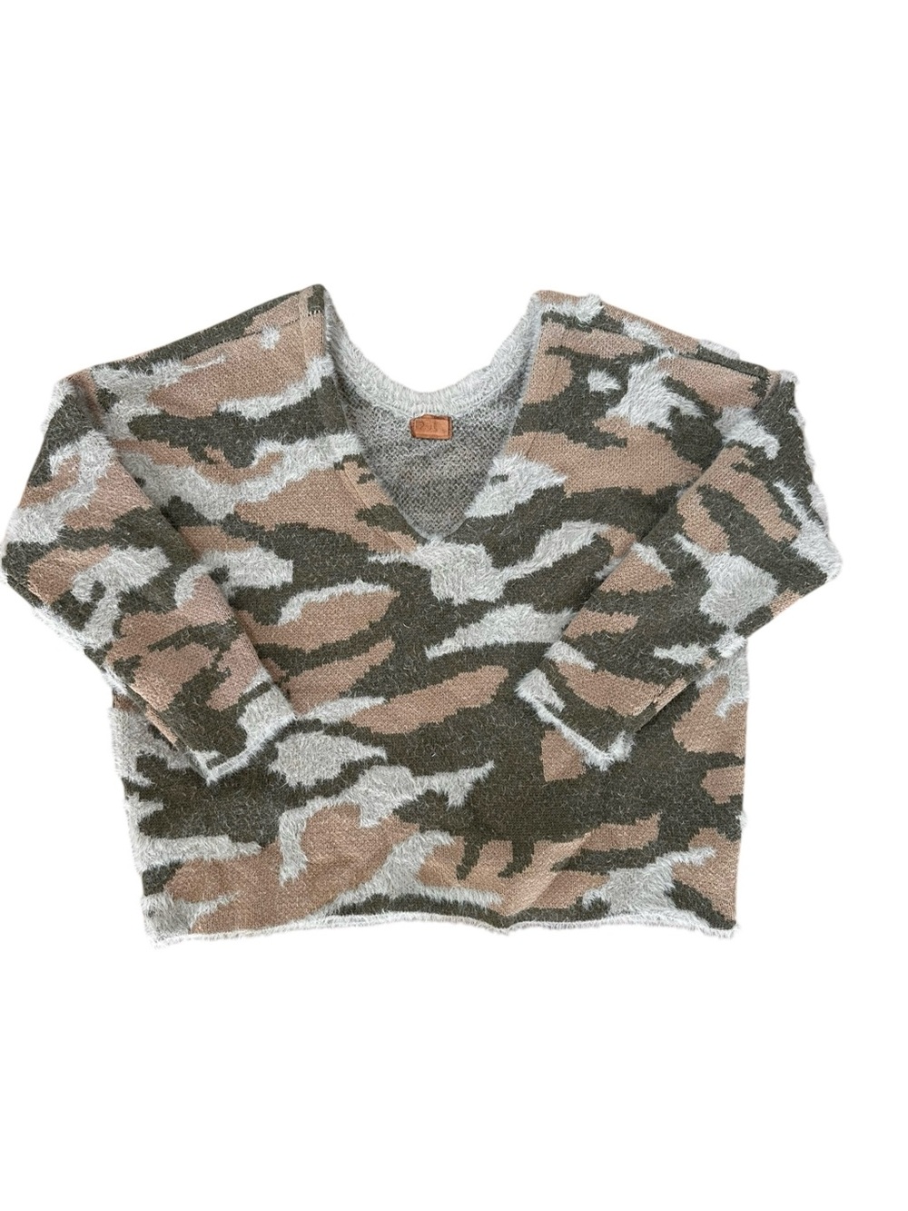 POL Camo Fuzzy Cozy V Neck Sweater